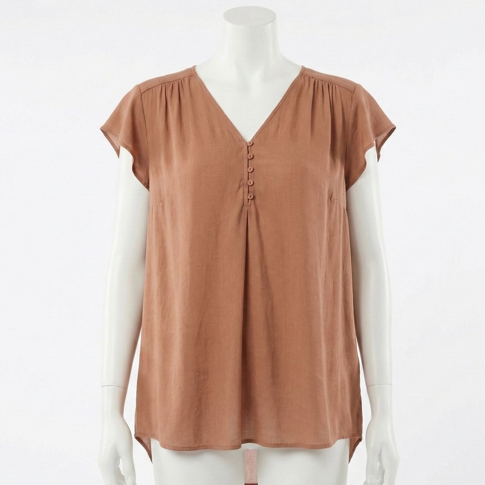 Cynthia Rowley Top 1X Rust Tan Button Front Flutter Sleeve Blouse Plus Size